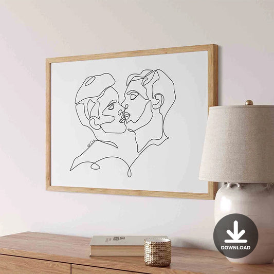 Two Men Kissing Gay Art Print, Minimalist Art Wall Art | Digital Download