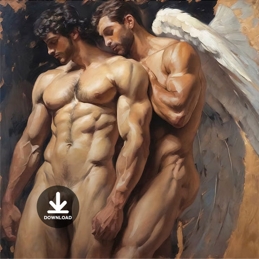 Muscle Male Couple Hugging Nude Figures Angel Wings | Digital Download