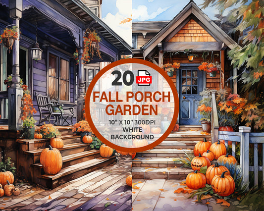 Autumn Porch Fall Garden Digital Watercolor