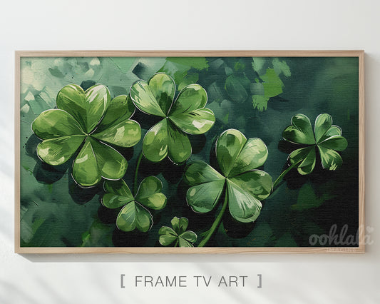 Frame TV Art St. Patrick's Day Shamrocks Clovers Painting Antique White Canvas Texture Digital Painting Home Decor Instant Download