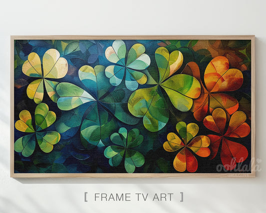 Frame TV Art Abstract Shamrocks Clovers Painting Antique White Canvas Texture St. Patrick's Day Decor and Home Decor Instant Download