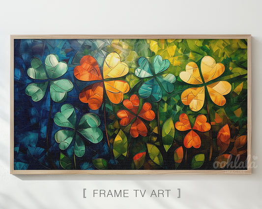 Frame TV Art Abstract Clovers Painting Antique White Canvas Texture St. Patrick's Day Decor and Home Decor Instant Download