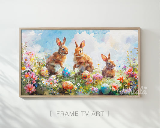 Watercolor Easter Bunny Easter Egg Flowers Frame TV Art Wallpaper