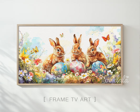 Cute Bunnies Easter Egg Floral Watercolor Frame TV Art Wallpaper