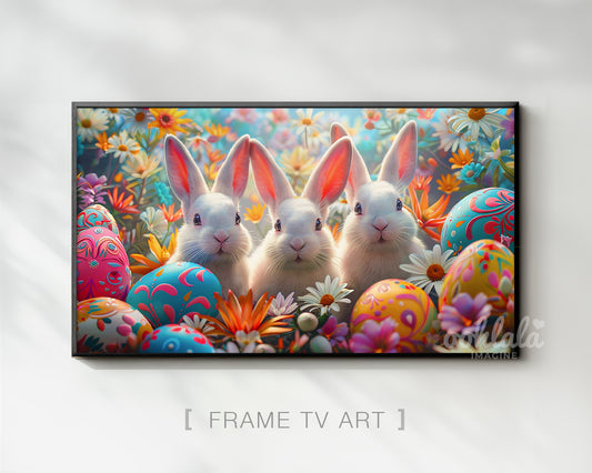 Cute Easter Bunnies Flowers Frame TV Art Wallpaper
