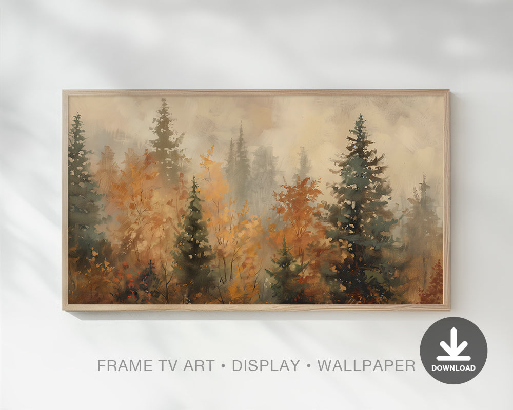 Fall Trees Frame TV Art, Autumn Landscape Painting, Rustic Country Forest