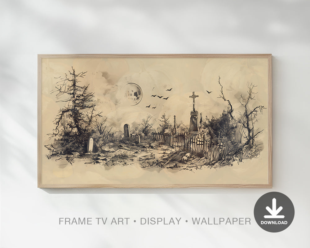 Graveyard Halloween Frame TV Art, Spooky Landscape Night Drawing