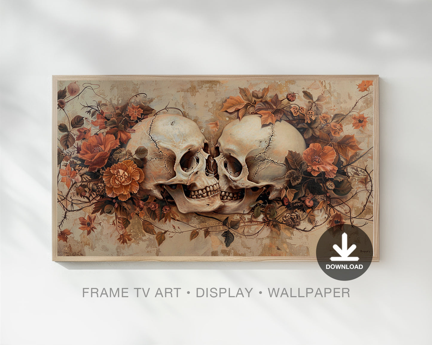 Kissing Skulls Flower Vintage Halloween Frame TV Art, Wallpaper