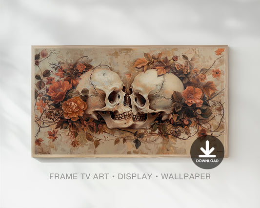 Kissing Skulls Flower Vintage Halloween Frame TV Art, Wallpaper