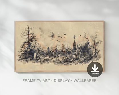 Graveyard Halloween Frame TV Art, Spooky Landscape Night Drawing