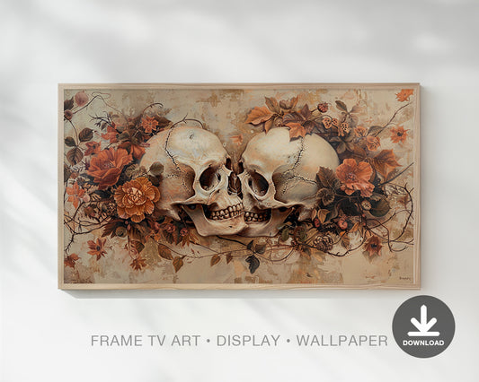 Kissing Skulls Flower Vintage Halloween Frame TV Art, Wallpaper