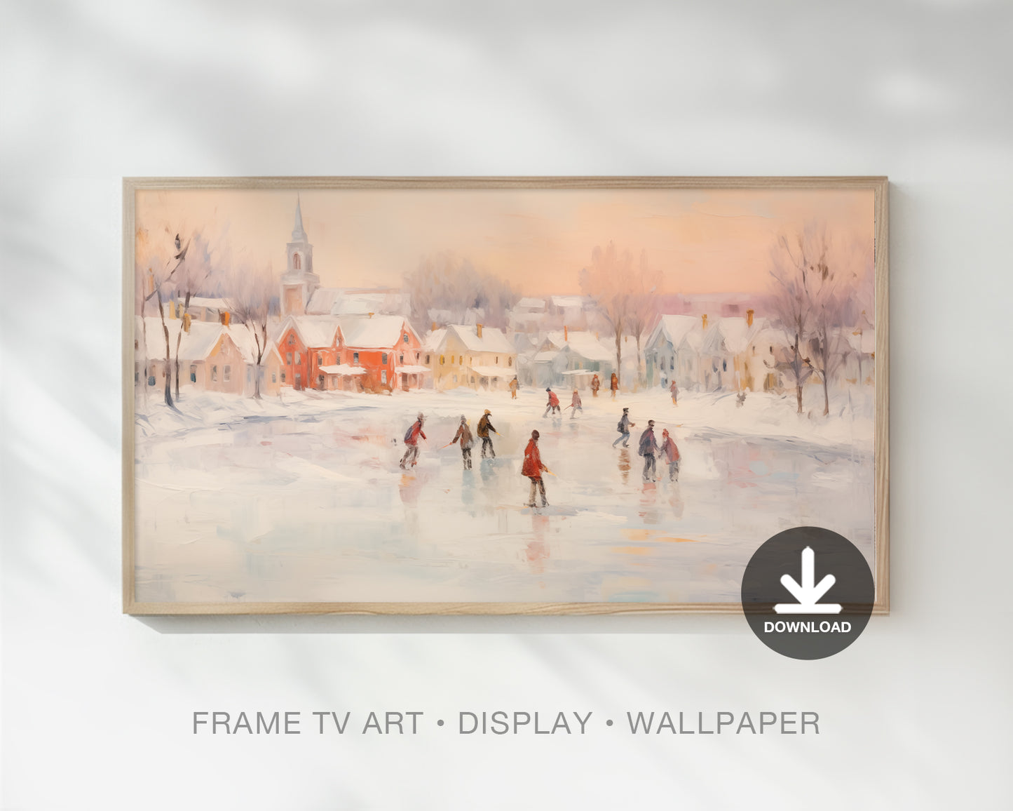 Vintage Style Christmas Frame Tv Art, Ice Skater Village Winter Landscape Oil Painting Digital Download