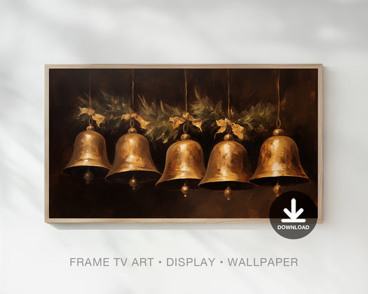 Christmas Bells Frame Tv Art, Neutral Vintage Christmas Samsung Frame Tv Art, Brown Holiday Painting Download, Christmas Decor