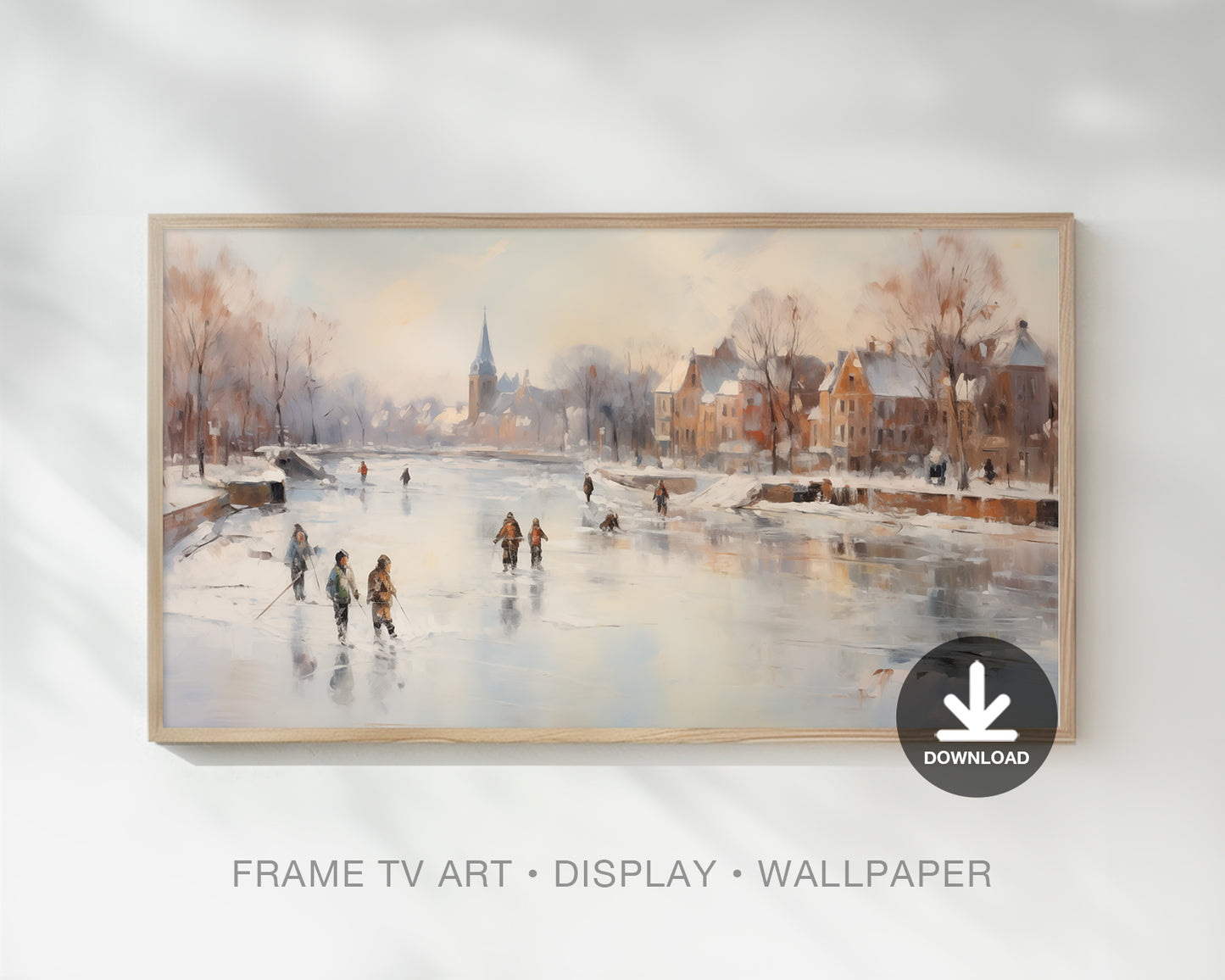 Vintage Winter Frame TV Art Ice Skater Christmas Landscape Small Town Village Wallpaper