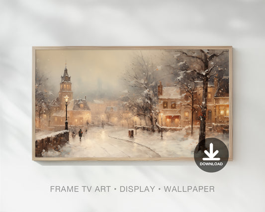 Vintage Winter Town Night Frame Tv Art, Christmas Frame Tv Wallpaper