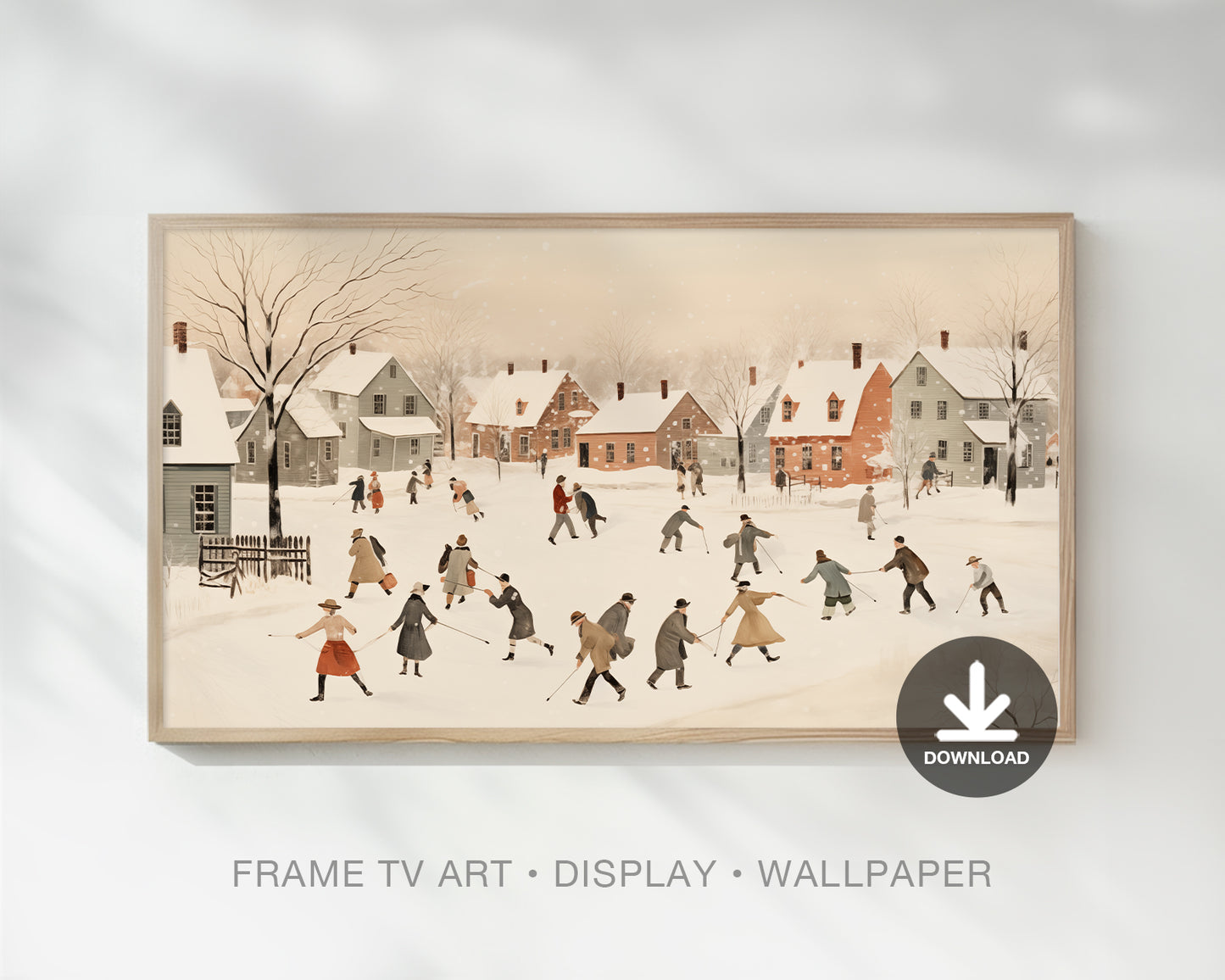 Vintage Village Christmas Hockey Players Winter Town Landscape Tv Art, Holiday Wallpper