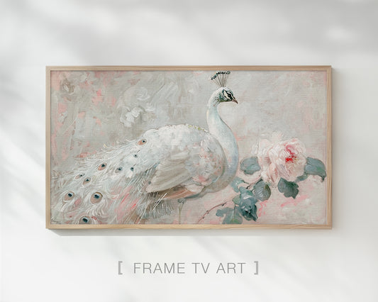 Elegant White Peacock Painting Frame TV Art, Wallpaper