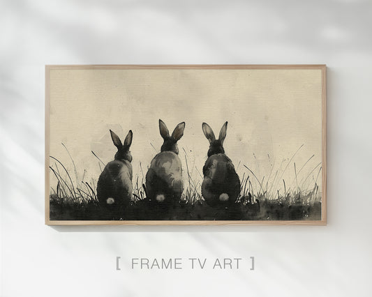 Three Bunnies on Meadow Painting, Frame TV Art Wallpaper