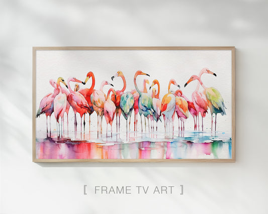 Colorful Rainbow Flamingo Digital Watercolor Art for TV display, Wallpaper