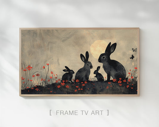 Artistic Bunnies on Meadow Painting, Frame TV Art Wallpaper