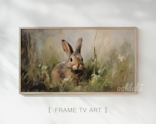 Vintage Bunny Spring Meadow Painting, Rustic Neutral Frame TV Art Wallpaper