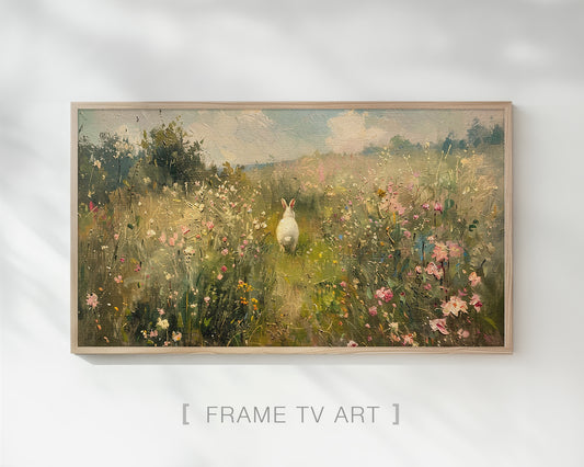 Bunny Flower Meadow Vintage Painting Frame TV Wallpaper