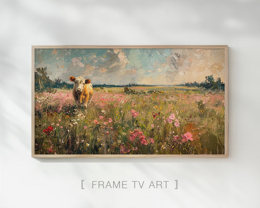 Highland Cow Flower Meadow Frame TV Wallpaper