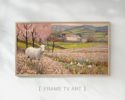 Sheep and Flower Meadow Landscape Frame TV Wallpaper