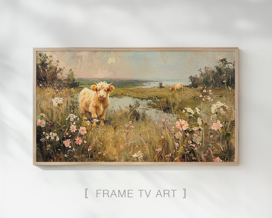 Baby Highland Cow Meadow Landscape Frame TV Wallpaper