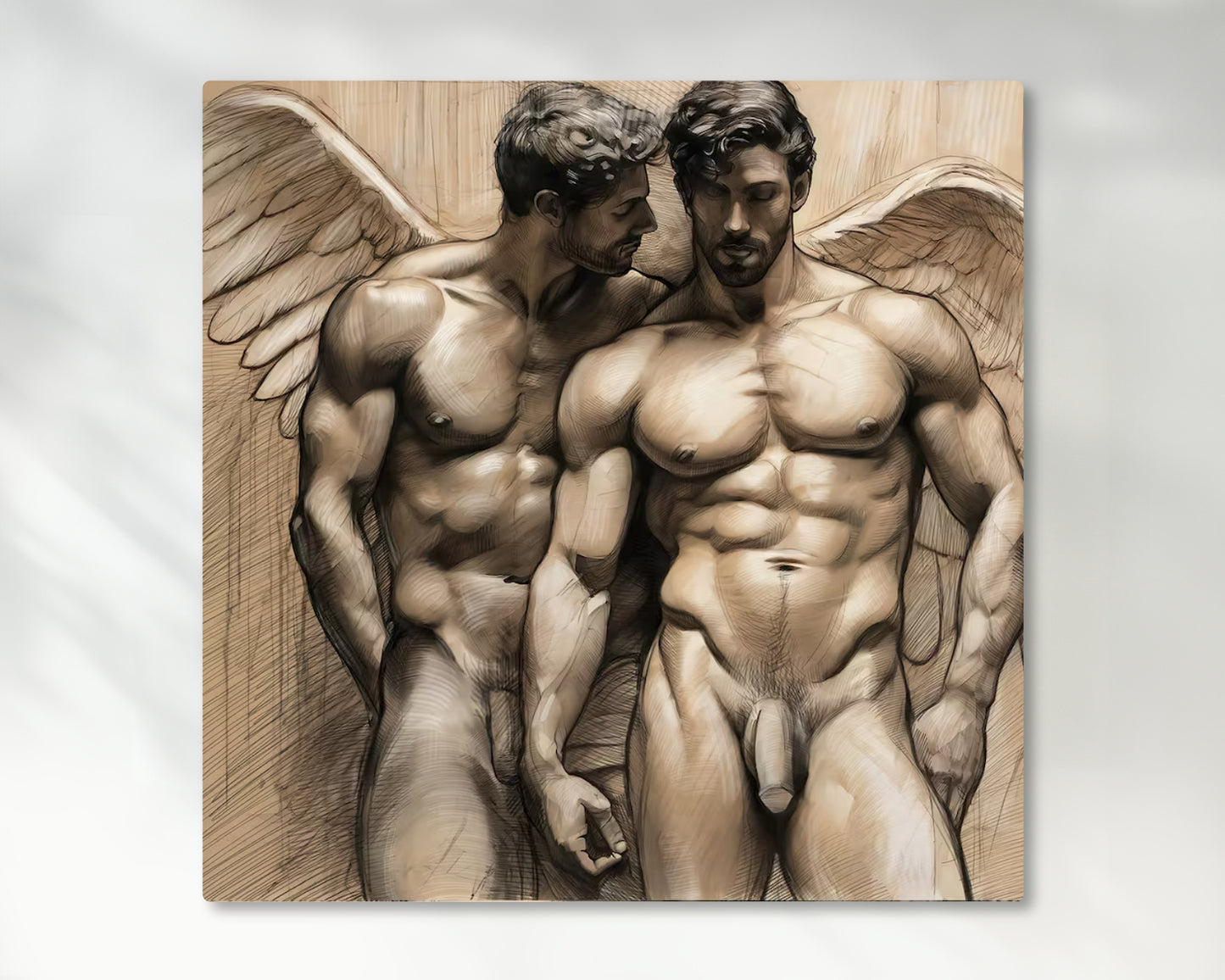 Male Couple Angelic Illustration: Gay Couple, Muscled Torso - Canvas Wall Art