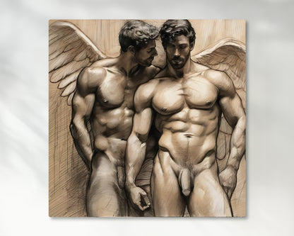 Male Couple Angelic Illustration: Gay Couple, Muscled Torso - Canvas Wall Art
