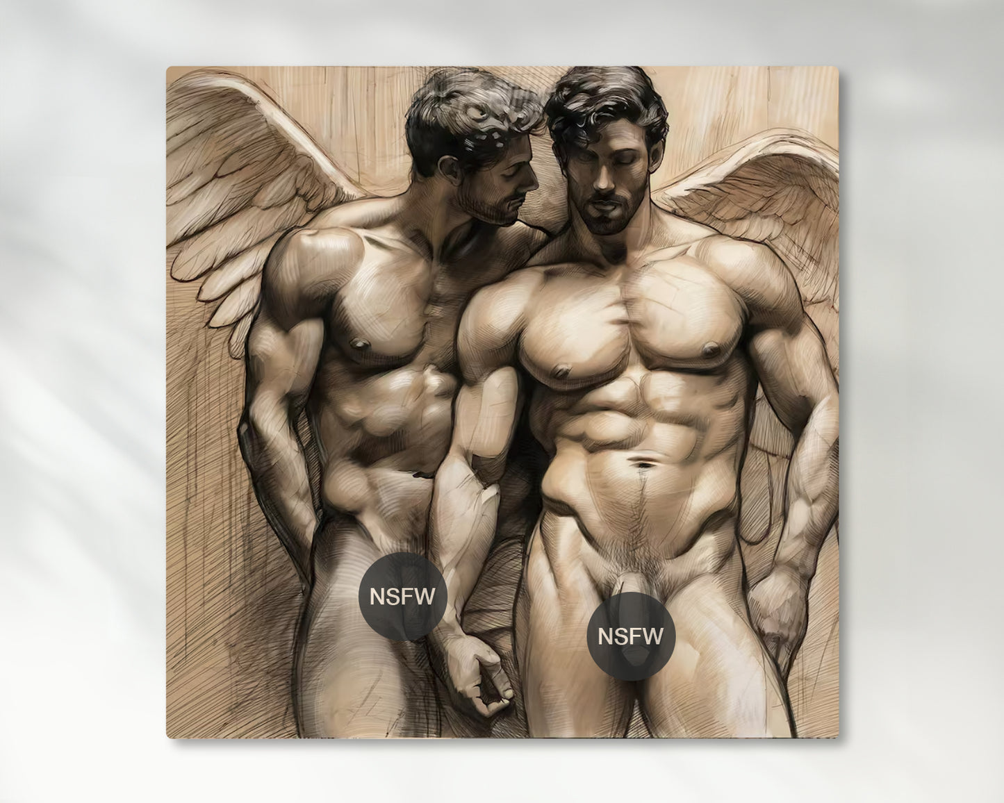 Male Couple Angelic Illustration: Gay Couple, Muscled Torso - Canvas Wall Art