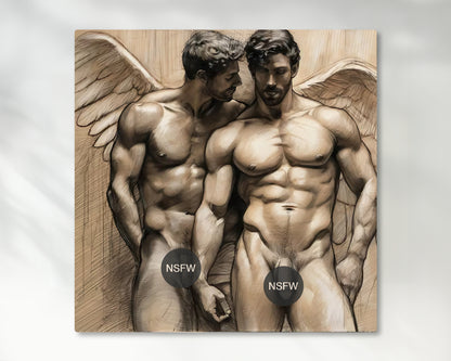 Male Couple Angelic Illustration: Gay Couple, Muscled Torso - Canvas Wall Art