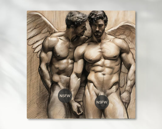 Male Couple Angelic Illustration: Gay Couple, Muscled Torso - Canvas Wall Art