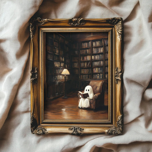 Little Ghost Reading in Library Spooky Painting, Dark Academia Deco Poster