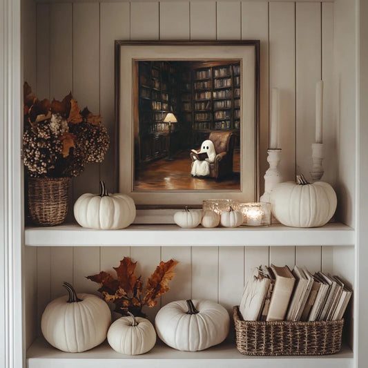 Little Ghost Reading in Library Spooky Painting, Dark Academia Deco Poster