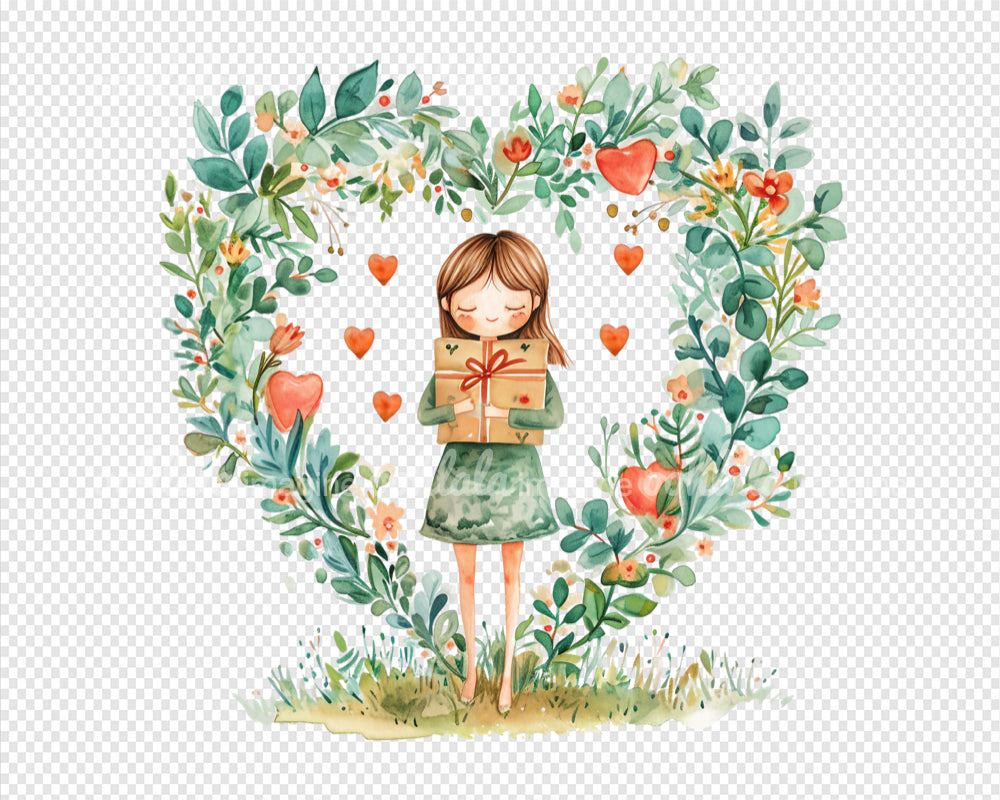 Girls Valentine Watercolor Illustration