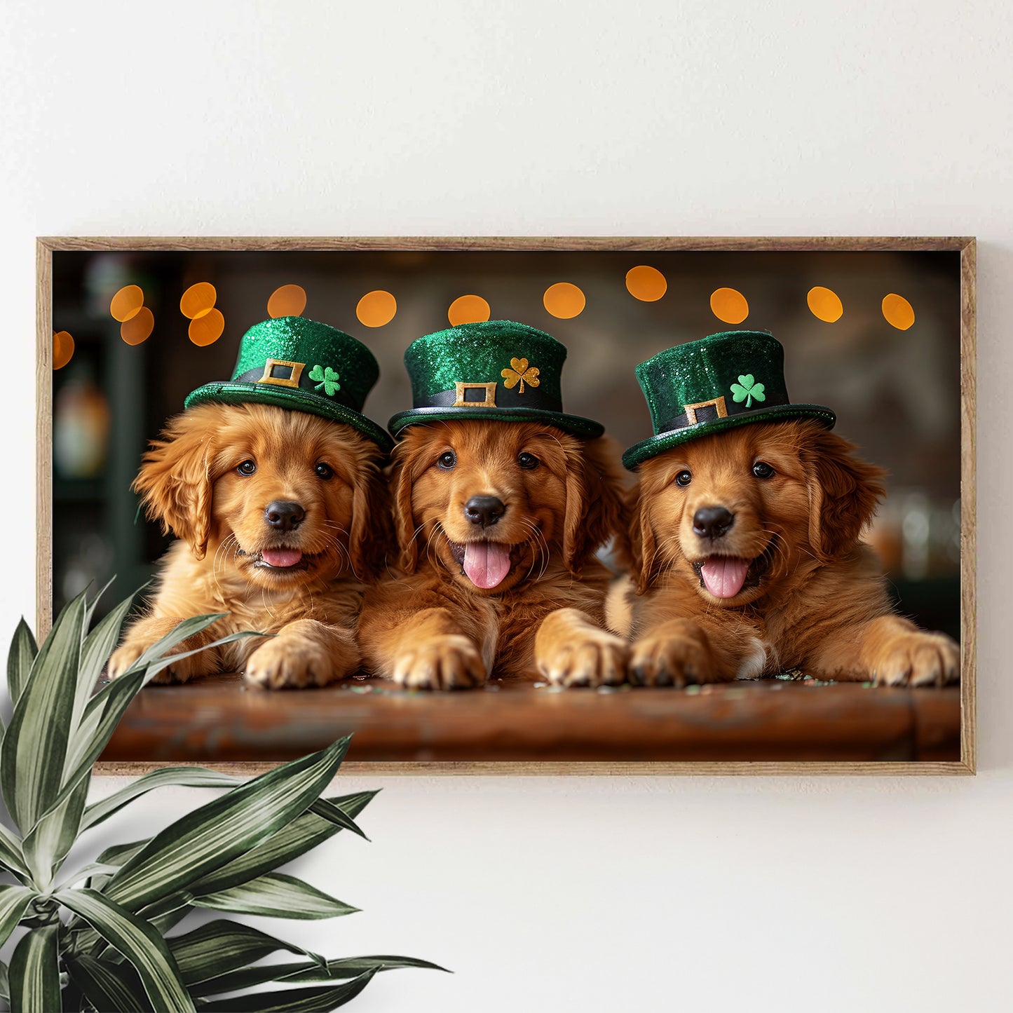 Cute Golden Retriever Puppies St. Patrick's Day Frame TV Art Wallpaper