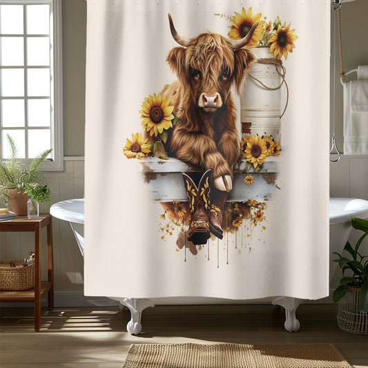 Highland Baby Cow Sunflowers Shower Curtain Farmhouse Bathroom Decor