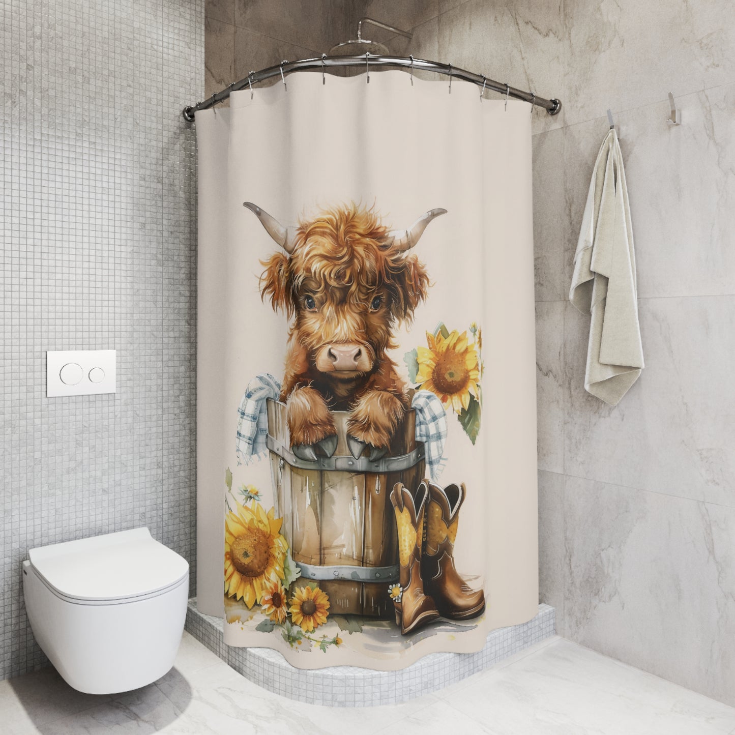 Sunflowers Highland Baby Cow Shower Curtain Farmhouse Bathroom Decor
