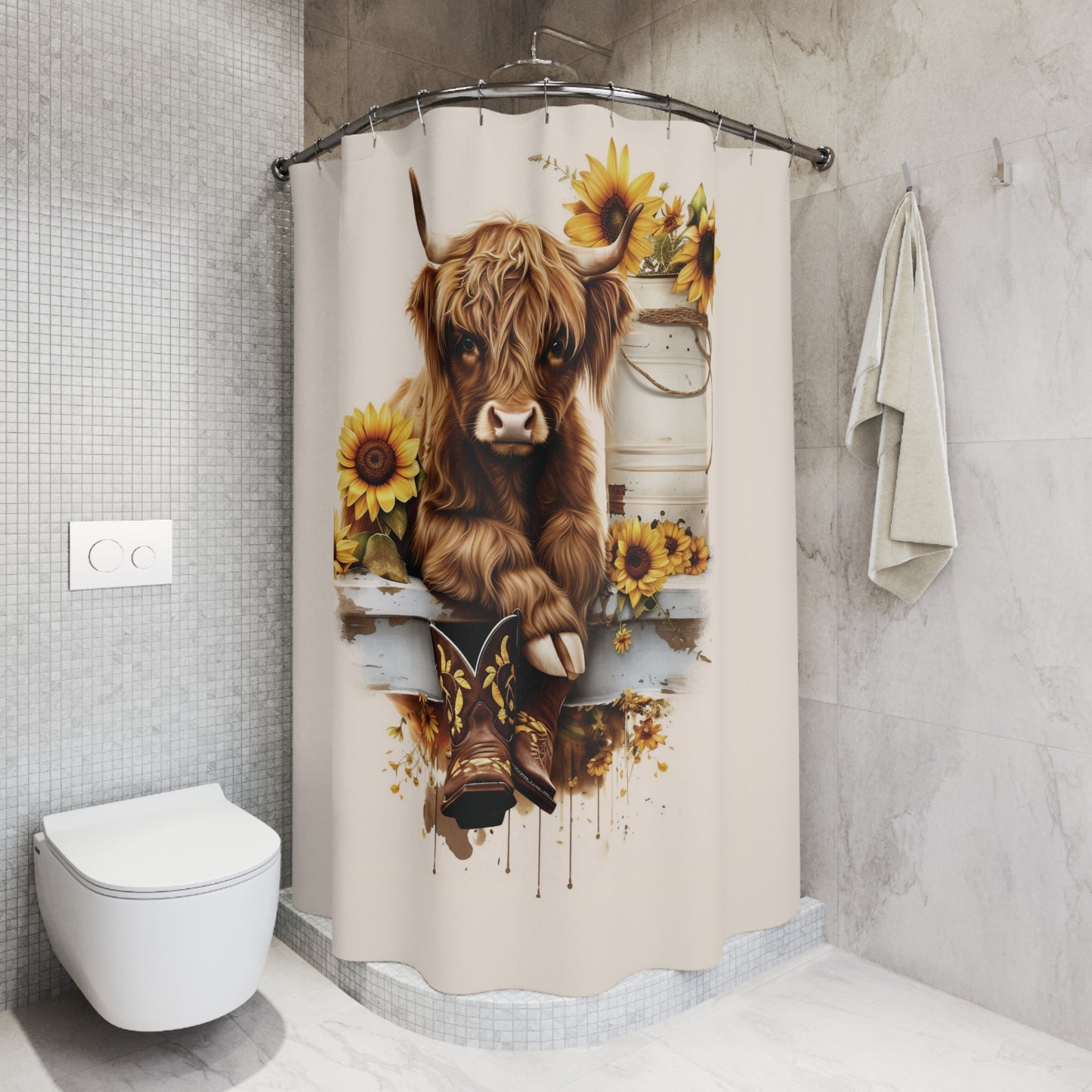 Highland Baby Cow Sunflowers Shower Curtain Farmhouse Bathroom Decor