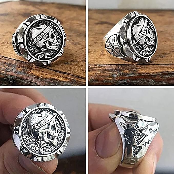 Hobo Nickel Brave Skull Ring, Vintage Pirate Signet Men's Ring