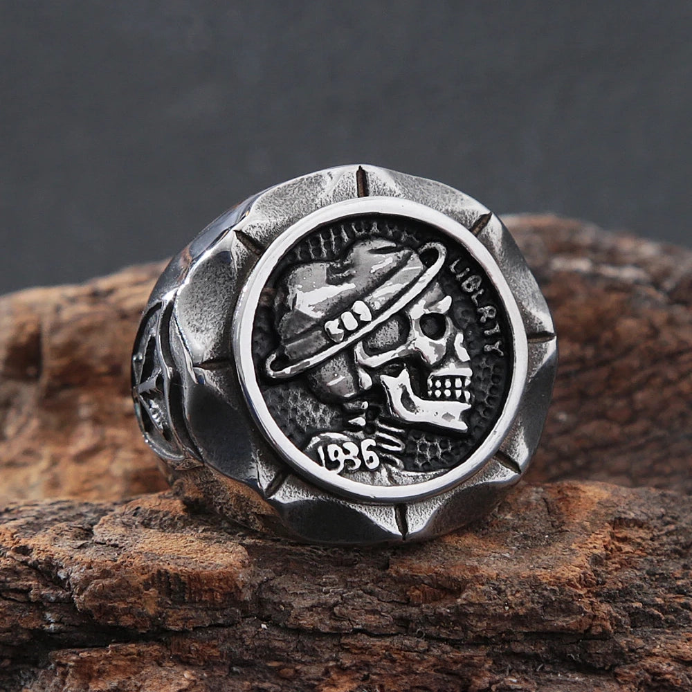 Hobo Nickel Brave Skull Ring, Vintage Pirate Signet Men's Ring