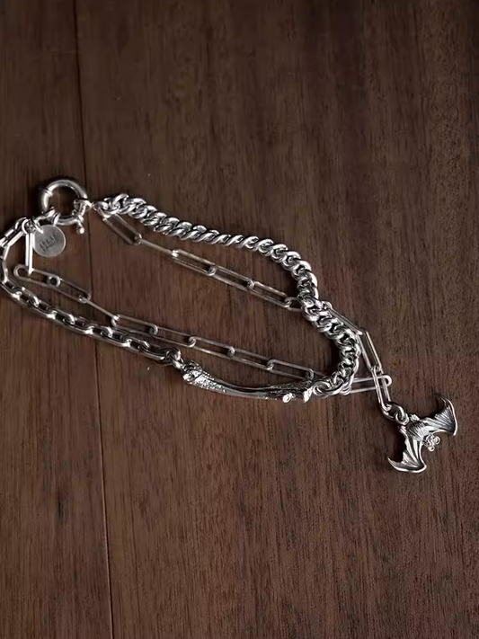 Silver Bat and Bone Multi-layered Chain Bracelet