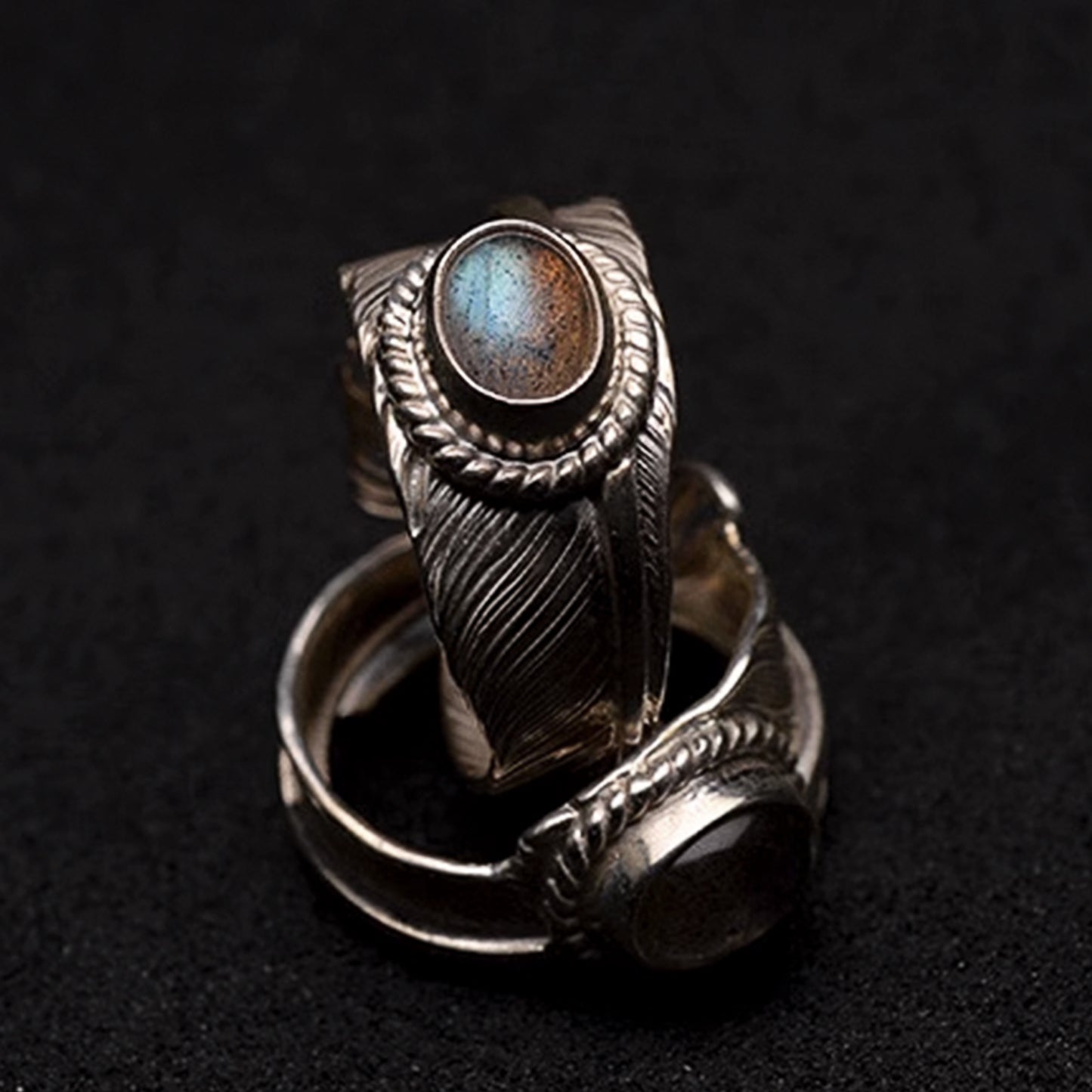 Moonstone Ring, Labradorite Ring, Feather Ring, Gemstone Ring, Boho Chic Couple Rings, Couples Gift, Gift for Her, Native American Boho Ring