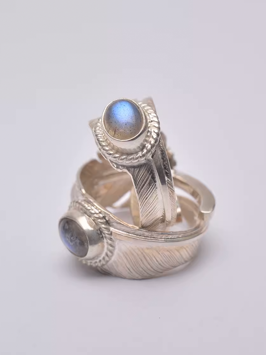 Moonstone Ring, Labradorite Ring, Feather Ring, Gemstone Ring, Boho Chic Couple Rings, Couples Gift, Gift for Her, Native American Boho Ring