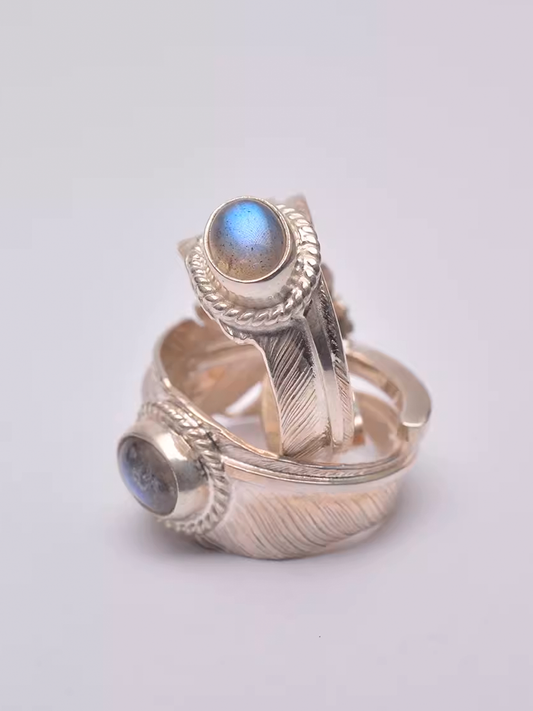 Moonstone Ring, Labradorite Ring, Feather Ring, Gemstone Ring, Boho Chic Couple Rings, Couples Gift, Gift for Her, Native American Boho Ring