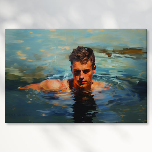 Man Swimming in a Lake Impressionist Portrait Canvas Print Wall Art