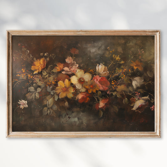 Moody Floral Wall Art – Vintage Autumn Flower Painting for Rustic Fall Decor