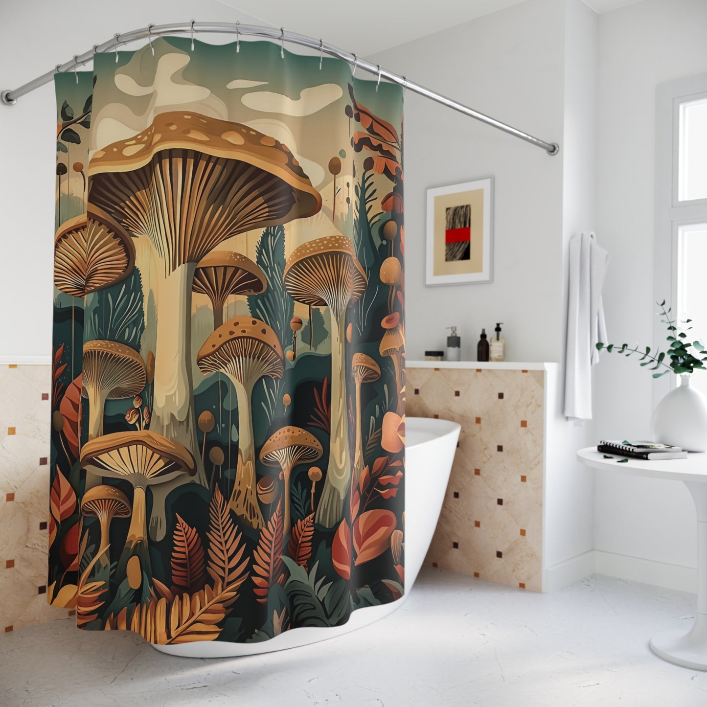Mushroom Forest Shower Curtain Art Deco Illustration Bathroom Decor